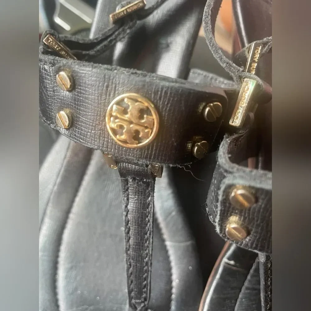 Tory Burch Robinson Demi Wedge Heel Sandal Slingback Black Gold 8.5